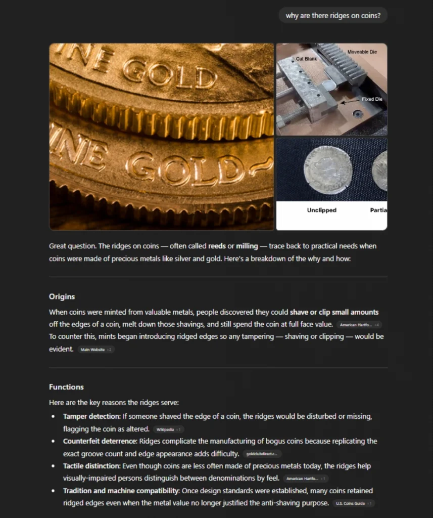 Why modern coins have ridges: Explained visually Close-up of gold coins with ridged edges, alongside diagrams explaining why coins have ridges for tamper detection and counterfeit prevention.