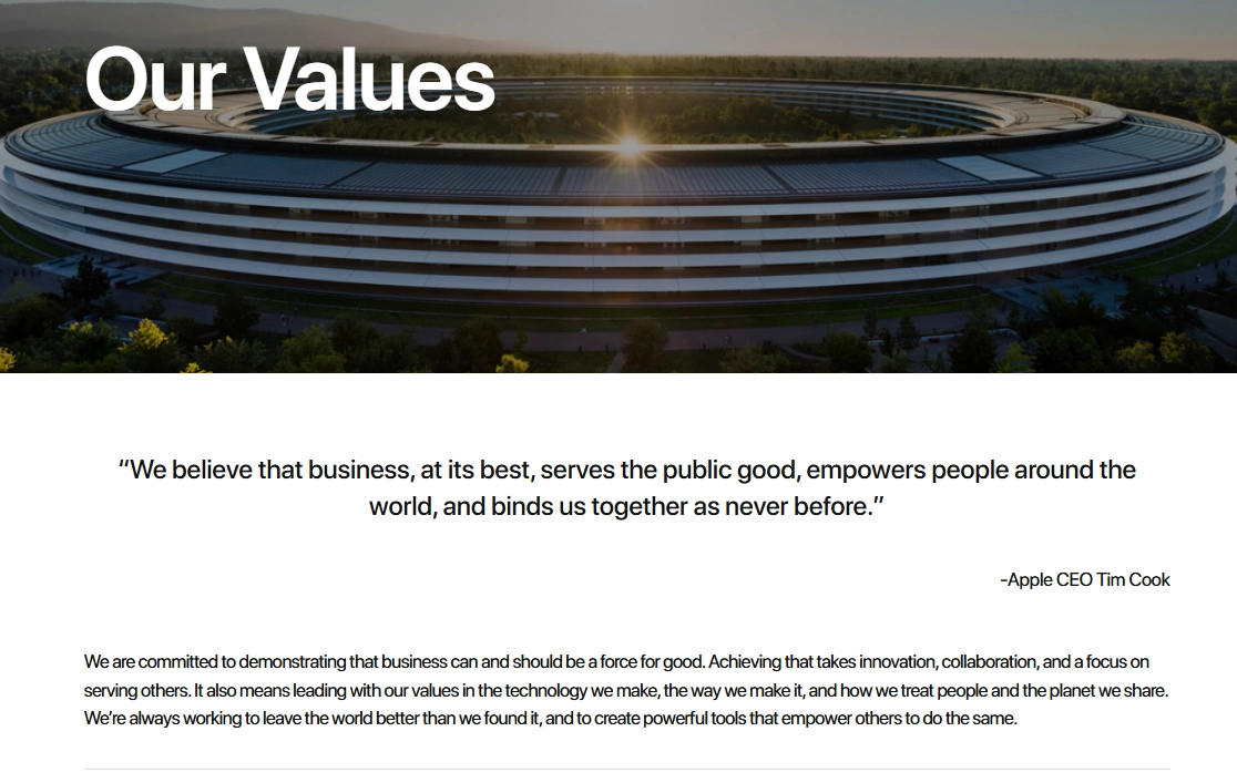 Apple Core Values – Innovation, Impact & Responsibility Apple's values highlight innovation, empowerment, and global impact—business as a force for good, guided by technology and ethical leadership.