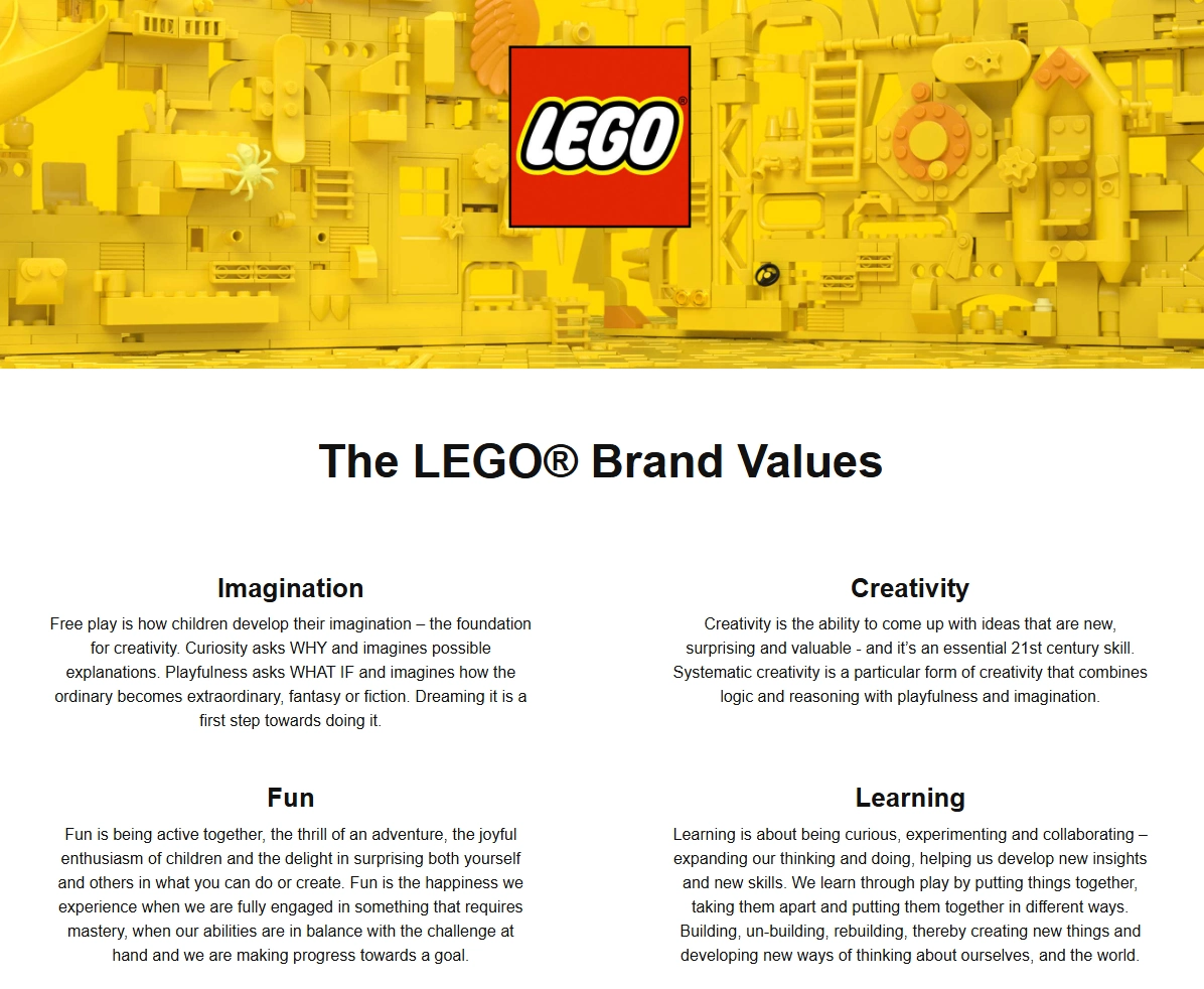 LEGO Brand Values – Creativity, Learning & Imagination LEGO’s brand values promote imagination, creativity, learning, and fun—empowering kids through play to think, build, and grow in innovative ways.