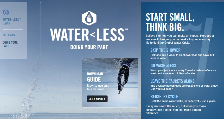 Levi’s Water<Less initiative encourages water-saving habits and eco-friendly denim care—reducing impact while promoting conscious fashion choices.