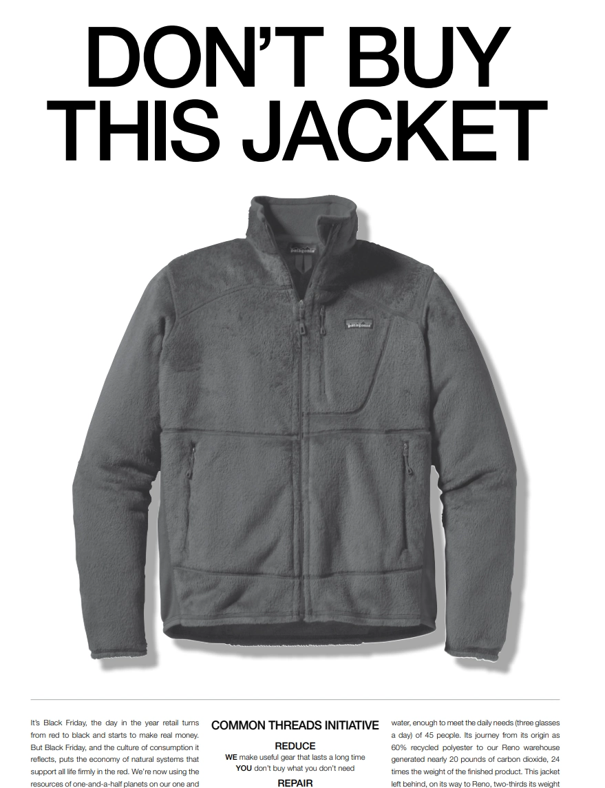 Patagonia’s bold ad urges consumers to buy less and think sustainably. A campaign promoting conscious consumption and the Common Threads Initiative.