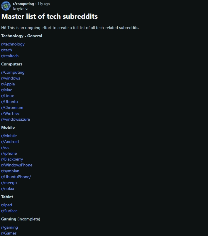 Screenshot of a Reddit post listing a master collection of tech-related subreddits organized by categories like computers, mobile, tablets, and gaming.