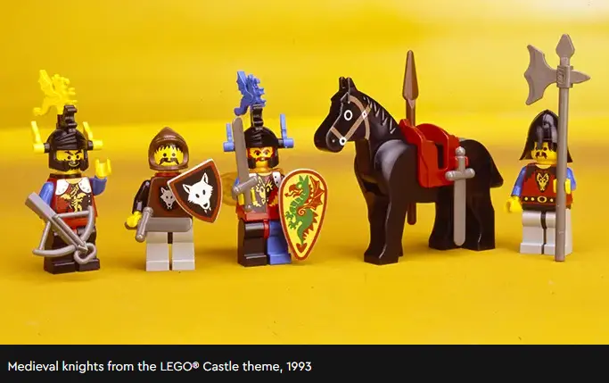 Photo of medieval knights from a rereleased LEGO castle theme set in 1993
