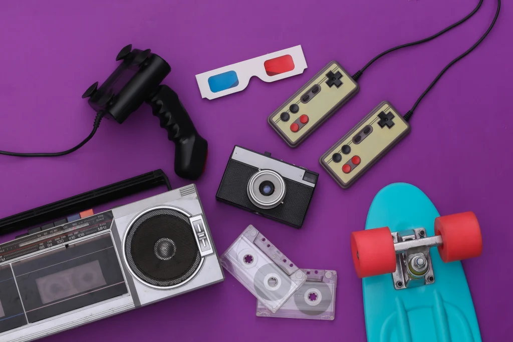 Purple background with 80's styled gadgets