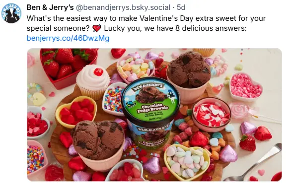 Bluesky post by Ben and Jerry's dicussing a blog post about valentine's day with image of icecream and heart-themed candy