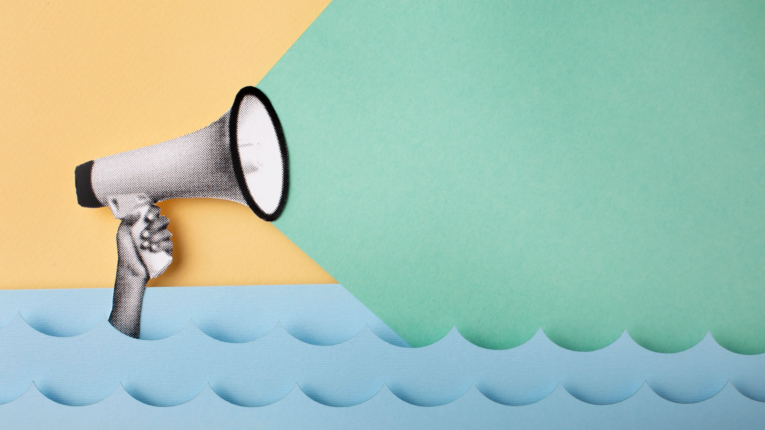 Design with green, yellow, and blue background with bacl kand white graphic of hand holding mircophone 