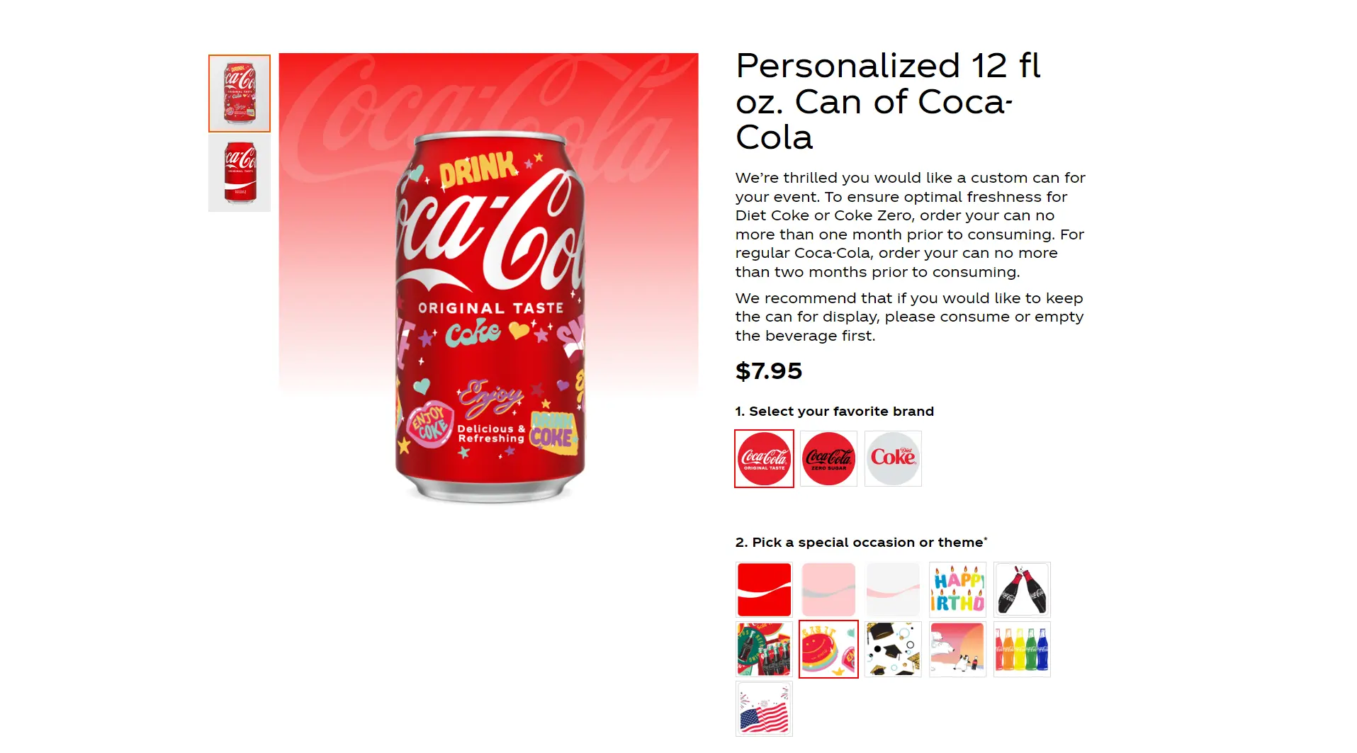 Screenshot from Coke's webpage showing a can of Coca Cola for sale with options to personalize it 