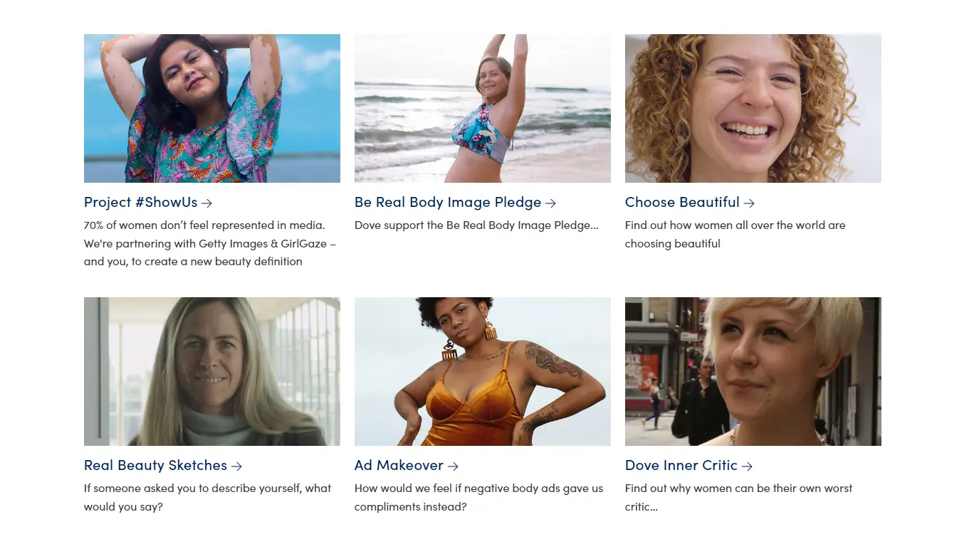 Dove's website page showing different woman in various sections 