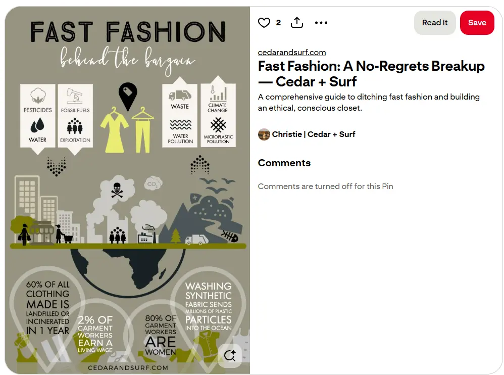 Infographic with muted green background and statstics realted to fast fashion, added as a post on Pinterest