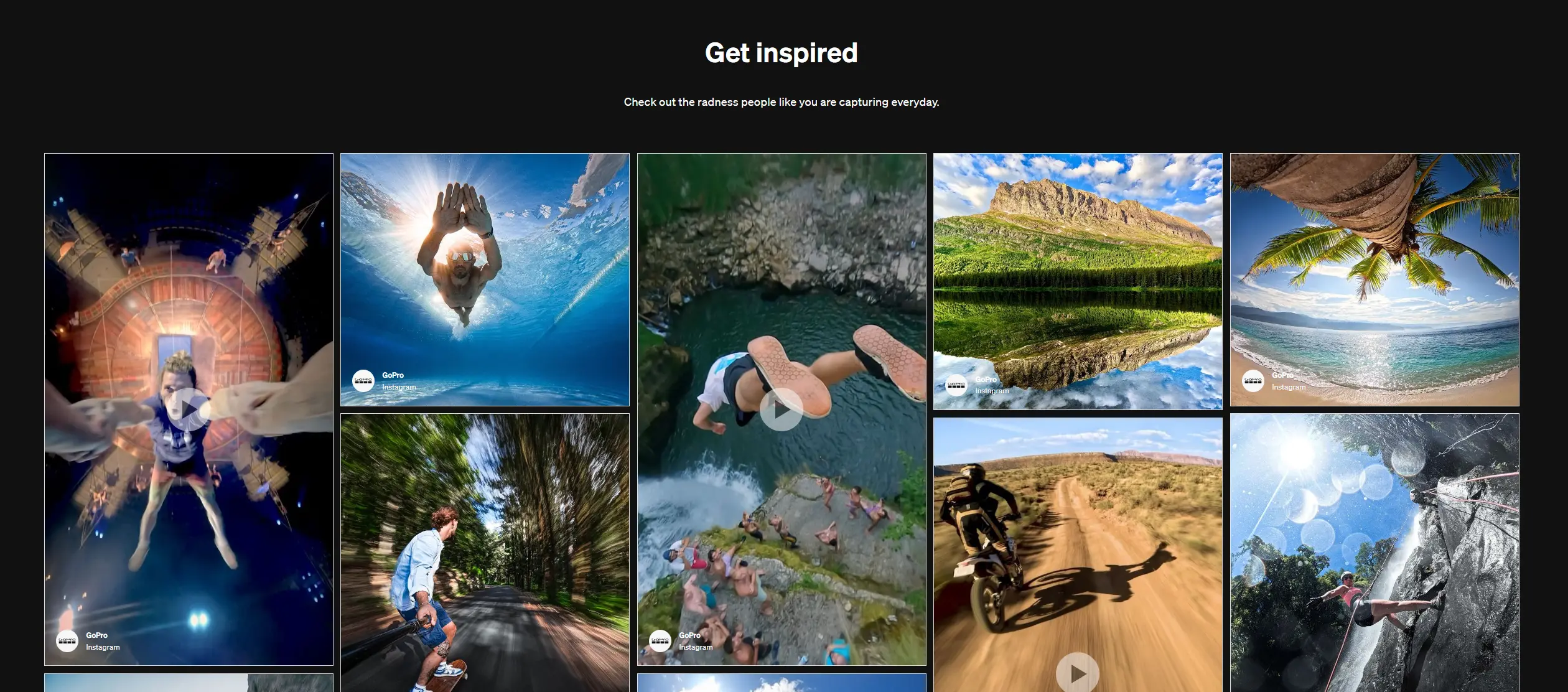 Image of a combination of different user videos involving people pariticapting in extreme sports such as cliff divigin and dirt biking 