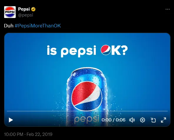 Tweet from Pepsi showing a Pepsi can on blue background with caption "Is Pepsi Ok?"