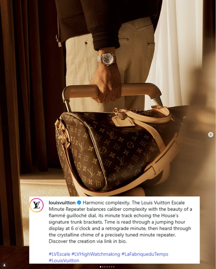 Screenshot of an Instagram ad post from Louis Vuitton dicussing the features of a handbag for sale 