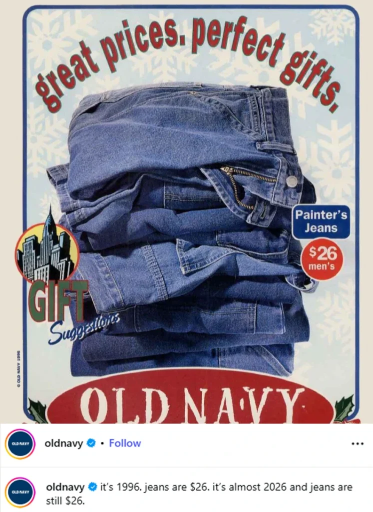 Screenshot of Instgram ad posted by Old Navy with a caption noting their jenas are still being sold for $26
