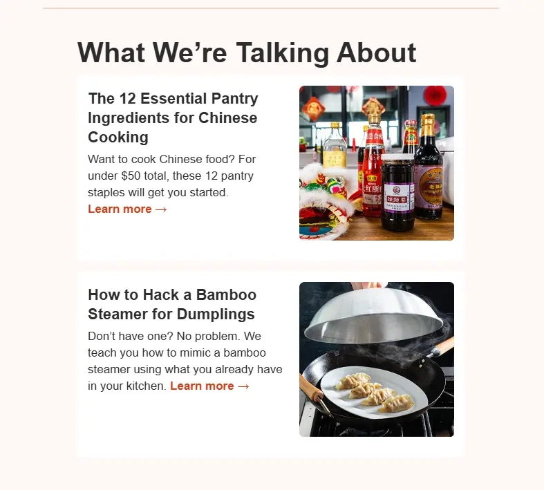 A screenshot from an email sent by America's Test Kithcen showing recent blog posts published on the website