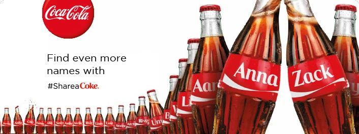 Digtial ad for the share a coke campaign that shows Coca Cola bottles with different name son them