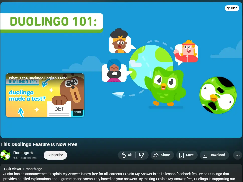 Still image of a animated video uploaded to YouTube by Duolingo with an added video description